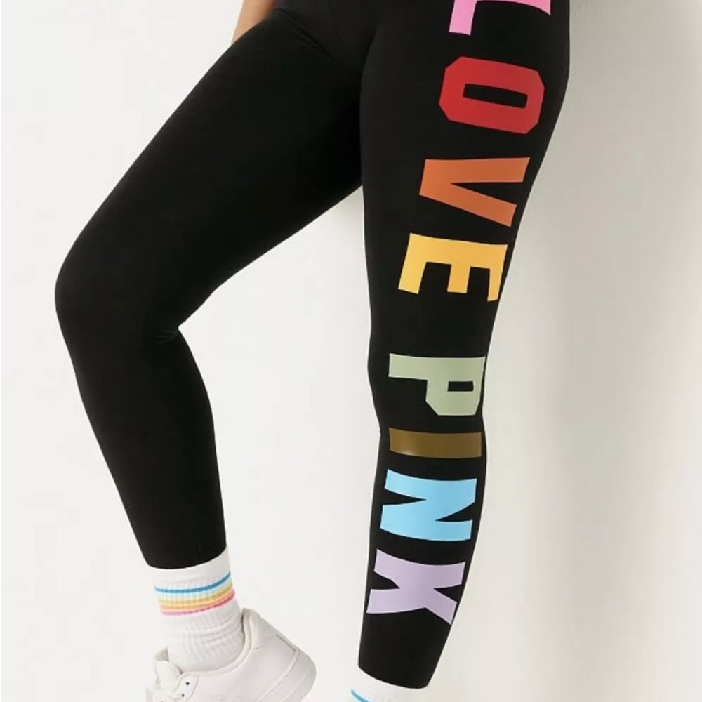 Victoria's Secret Black Leggings with Colorful 'LOVE PINK'